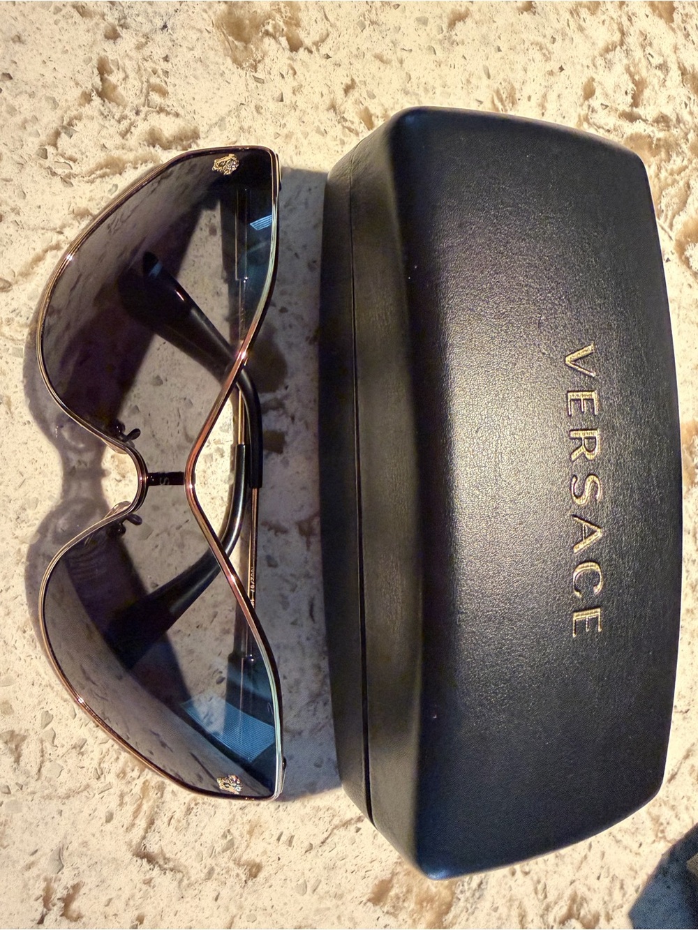 Versace Men’s Black Lenses with Rose Gold Frame Shield Sunglasses